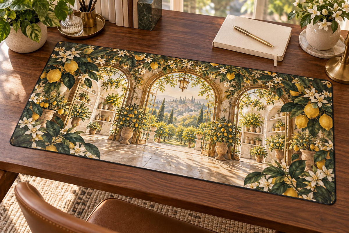 Lemon Kitchen Desk Mat with dimensional printed themed artwork; representative AI-generated mockup.