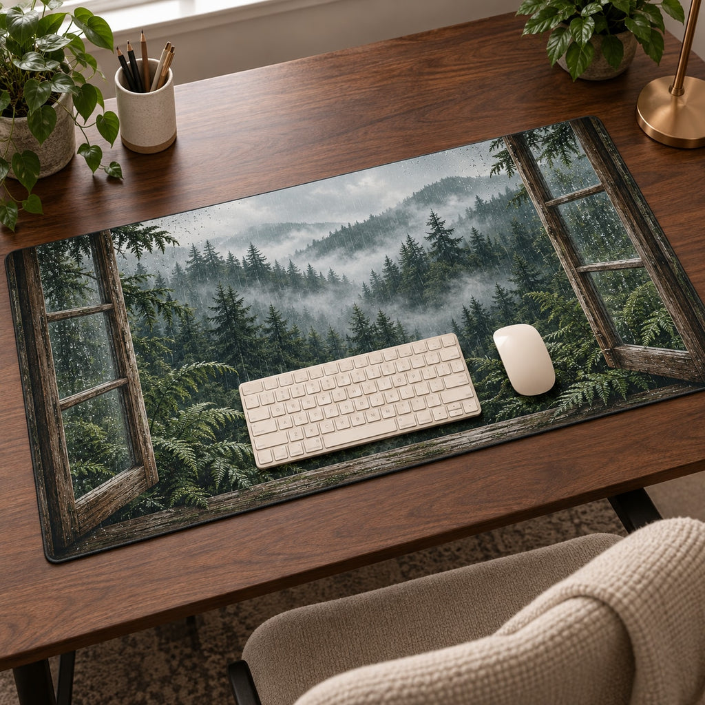 Rainy Forest Window Desk Mat with dimensional printed themed artwork; representative AI-generated mockup.