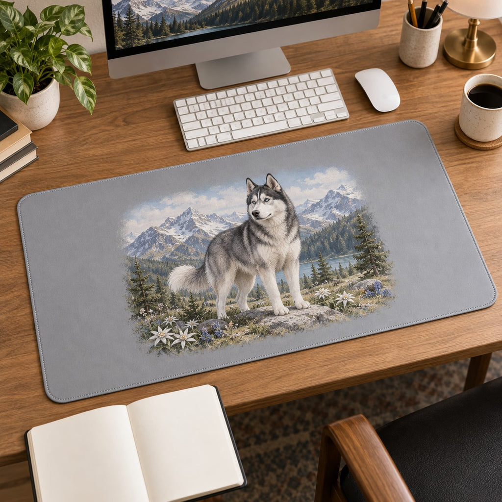 Husky Desk Mat with dimensional printed themed artwork; representative AI-generated mockup.