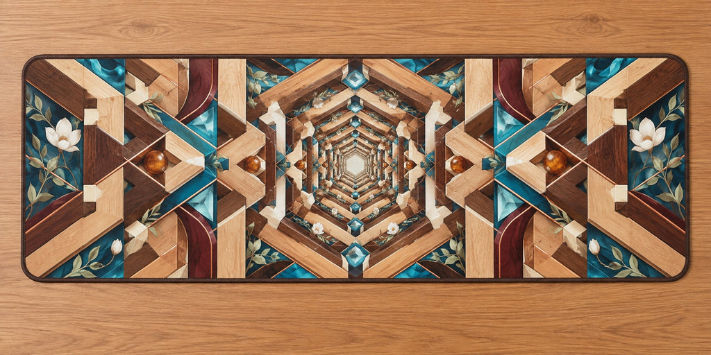 Timber Joinery Atrium Desk Mat with dimensional printed themed artwork; representative AI-generated mockup.