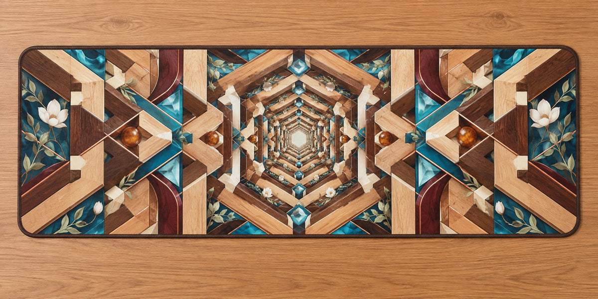Timber Joinery Atrium Desk Mat with dimensional printed themed artwork; representative AI-generated mockup.