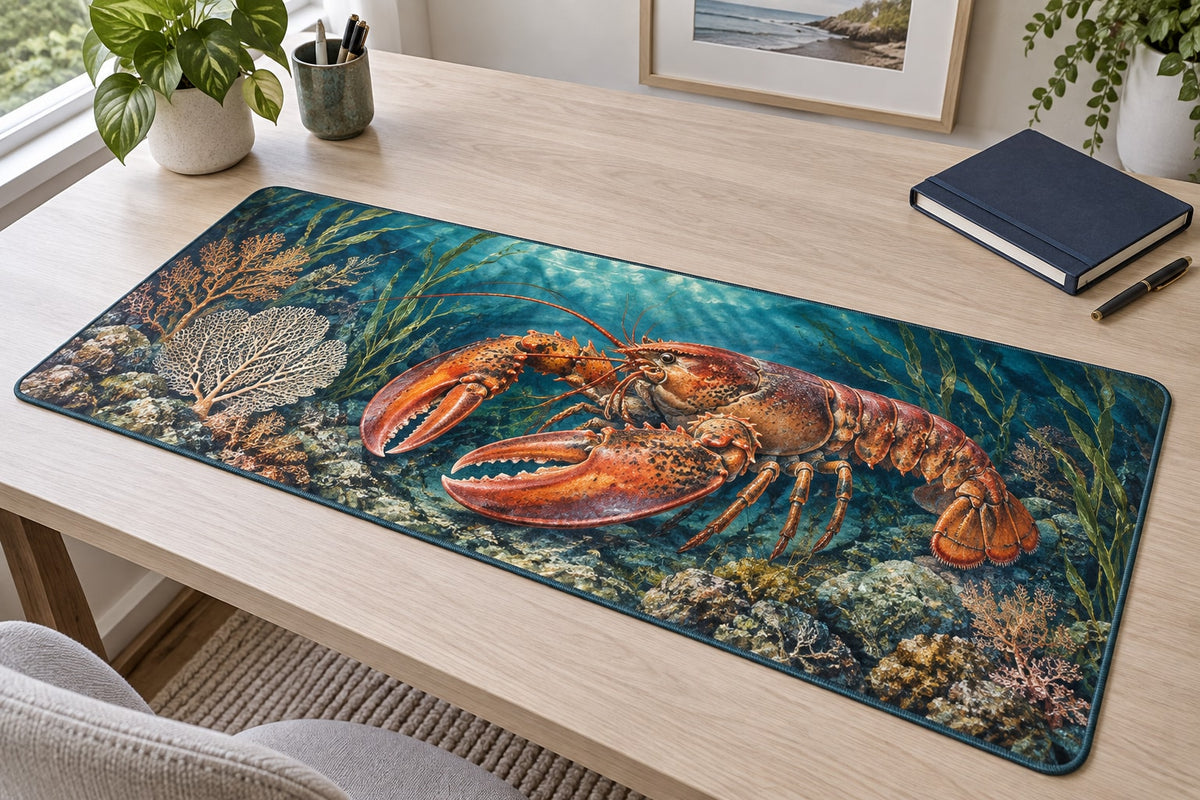 Lobster Coastal Kitchen Desk Mat with dimensional printed themed artwork; representative AI-generated mockup.