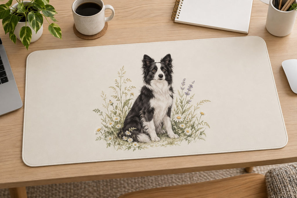 Border Collie Desk Mat with dimensional printed themed artwork; representative AI-generated mockup.