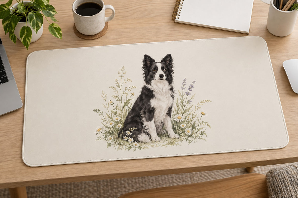 Border Collie Desk Mat with dimensional printed themed artwork; representative AI-generated mockup.