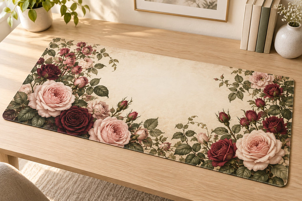 Rose Herbarium Desk Mat with dimensional printed themed artwork; representative AI-generated mockup.