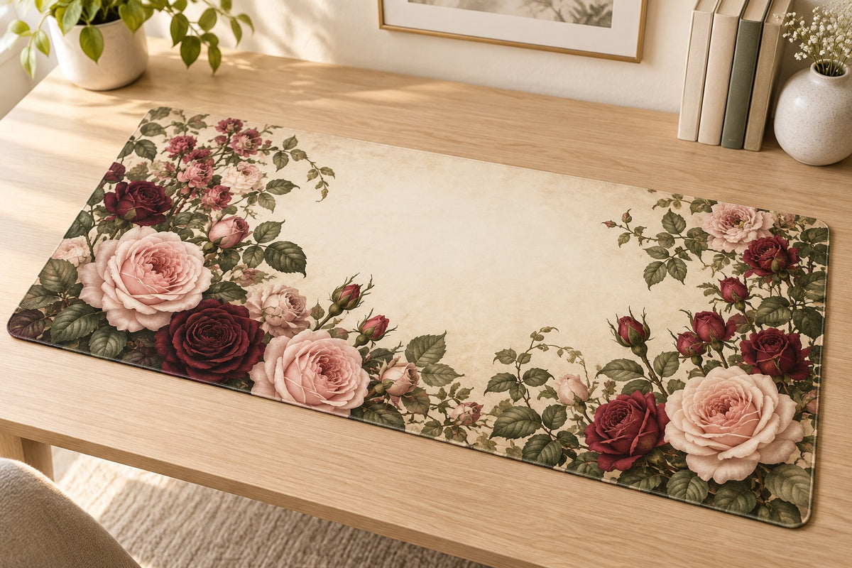 Rose Herbarium Desk Mat with dimensional printed themed artwork; representative AI-generated mockup.