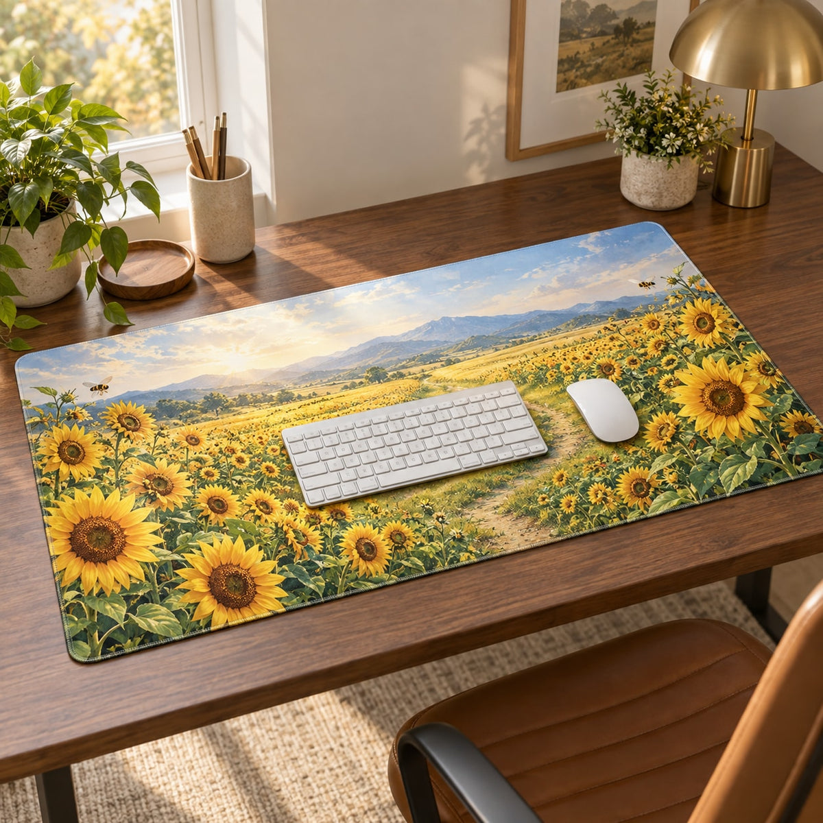 Sunflower Field Desk Mat with dimensional printed themed artwork; representative AI-generated mockup.