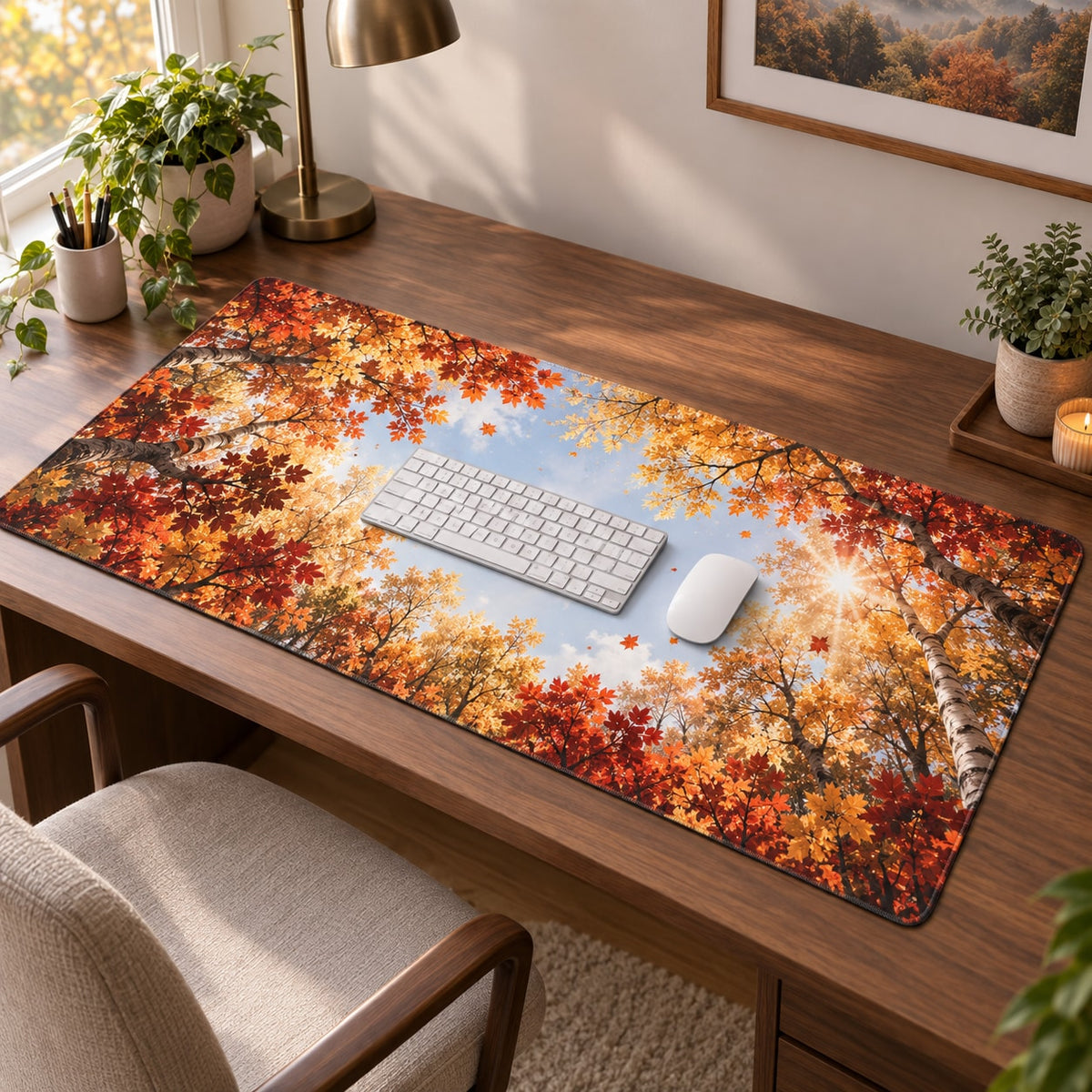 Autumn Forest Canopy Desk Mat with dimensional printed themed artwork; representative AI-generated mockup.