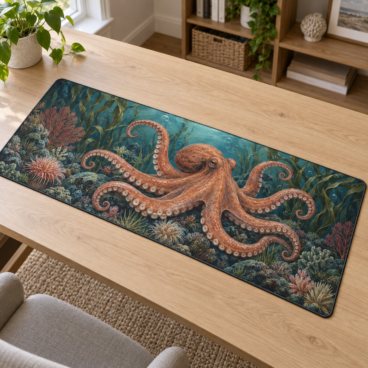 Octopus Garden Desk Mat with dimensional printed themed artwork; representative AI-generated mockup.