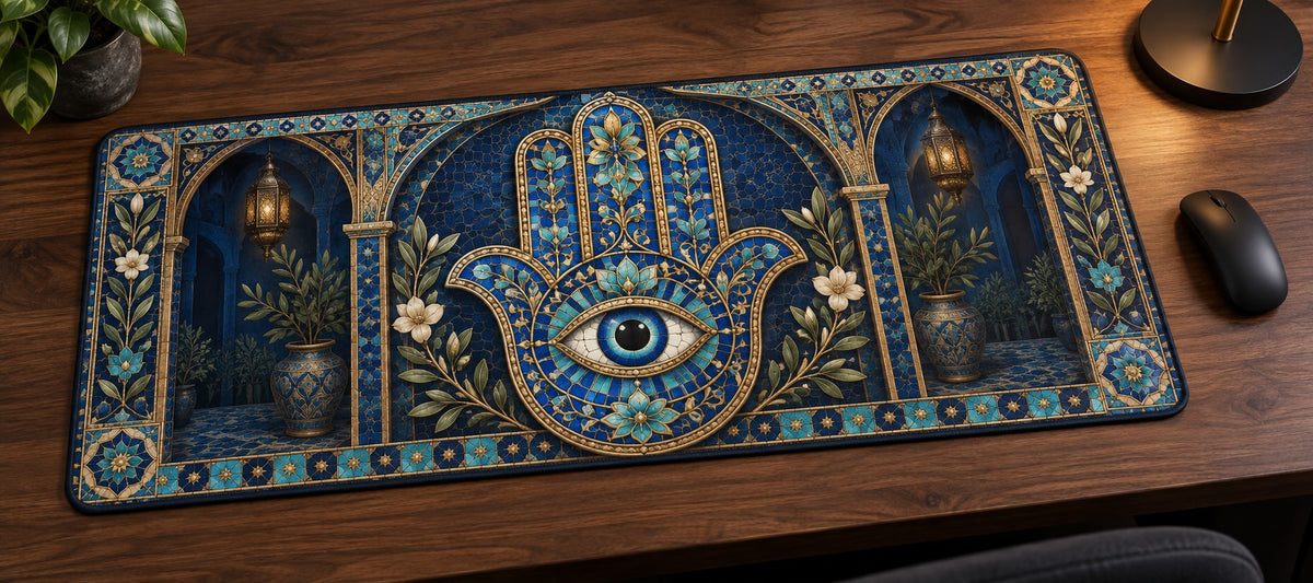 Hamsa Eye Mosaic Desk Mat with dimensional printed themed artwork; representative AI-generated mockup.