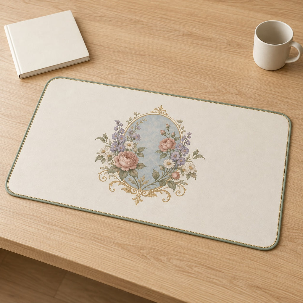Vintage Garden Cameo Desk Mat with dimensional printed themed artwork; representative AI-generated mockup.