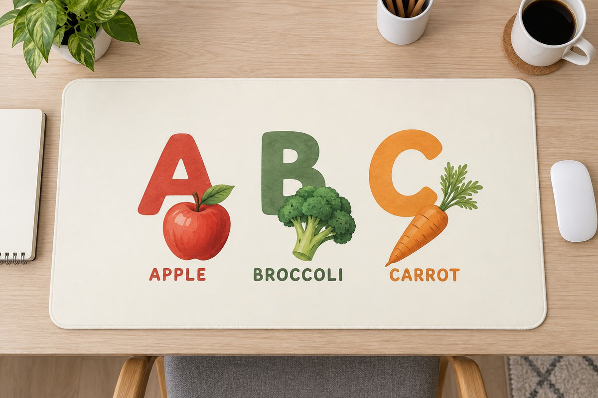 Fruit and Vegetable Alphabet Desk Mat with dimensional printed themed artwork; representative AI-generated mockup.