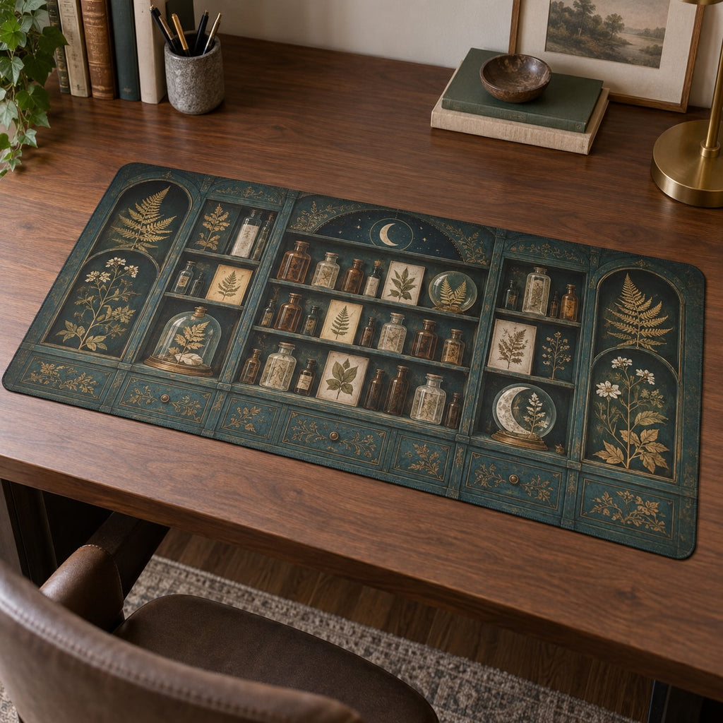 Alchemy Botanical Cabinet Desk Mat with dimensional printed themed artwork; representative AI-generated mockup.