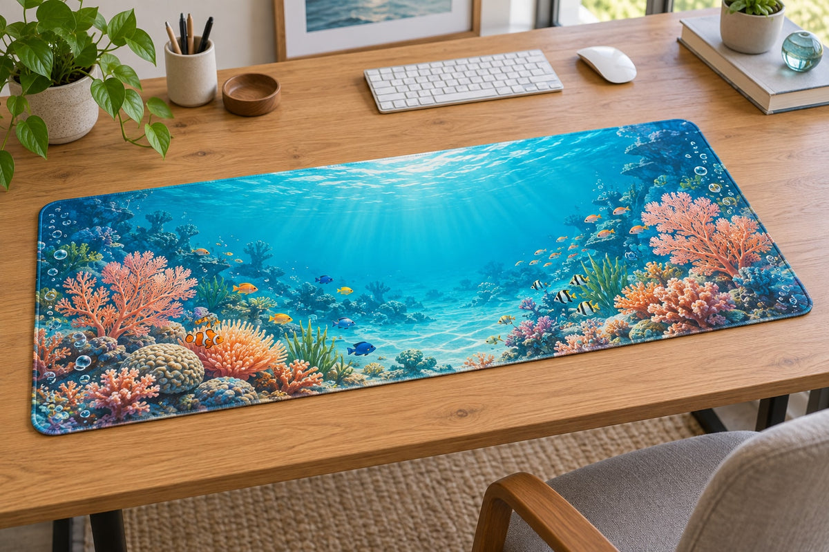 Coral Reef Desk Mat with dimensional printed themed artwork; representative AI-generated mockup.