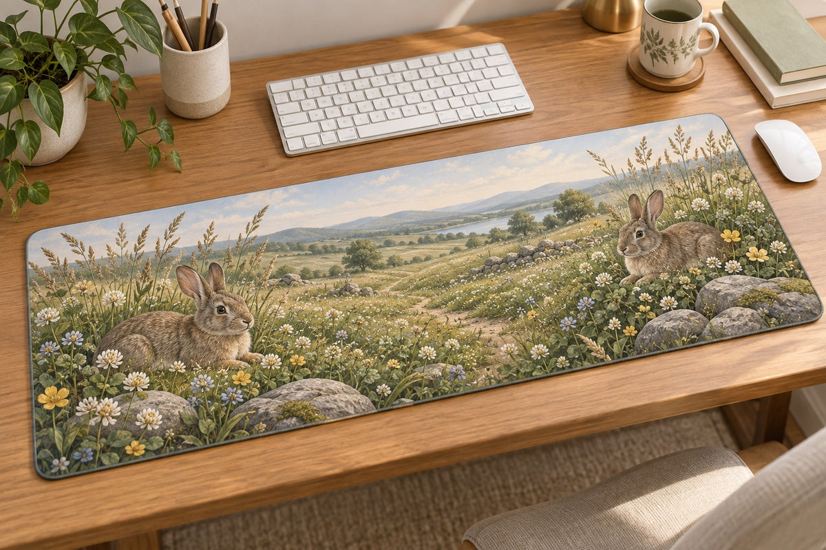 Rabbit Meadow Desk Mat with dimensional printed themed artwork; representative AI-generated mockup.