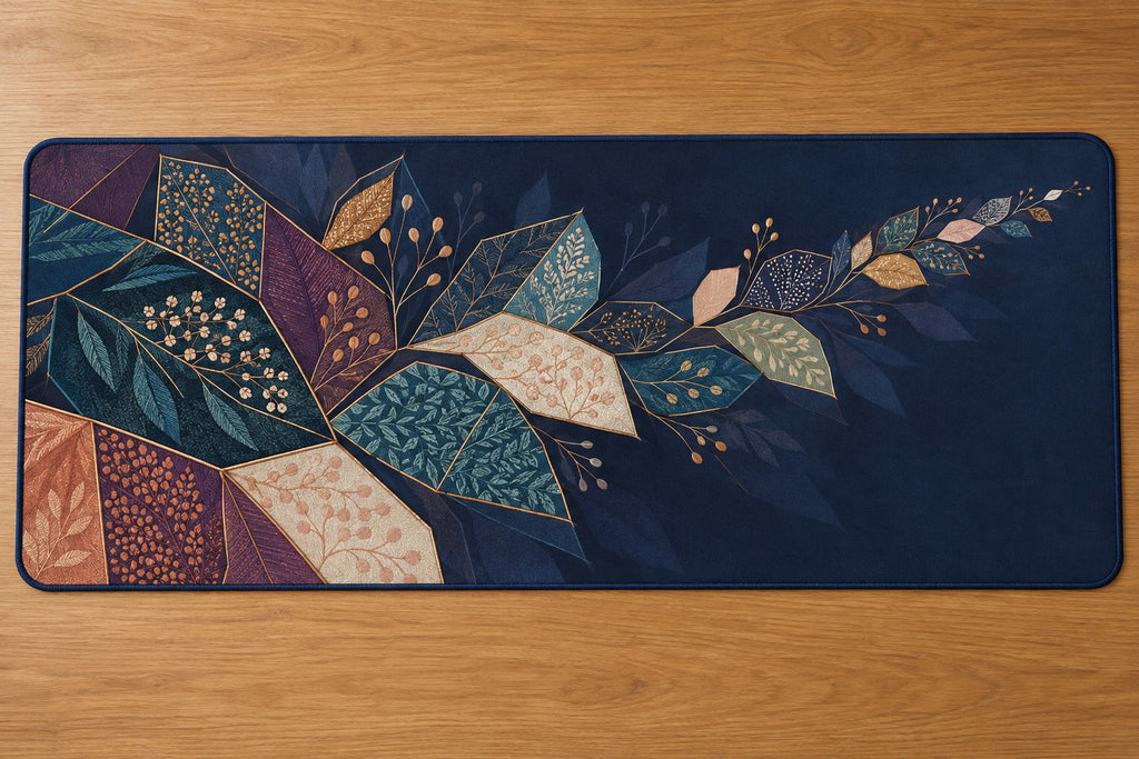 Threadlight Bloomrift Desk Mat with dimensional printed themed artwork; representative AI-generated mockup.