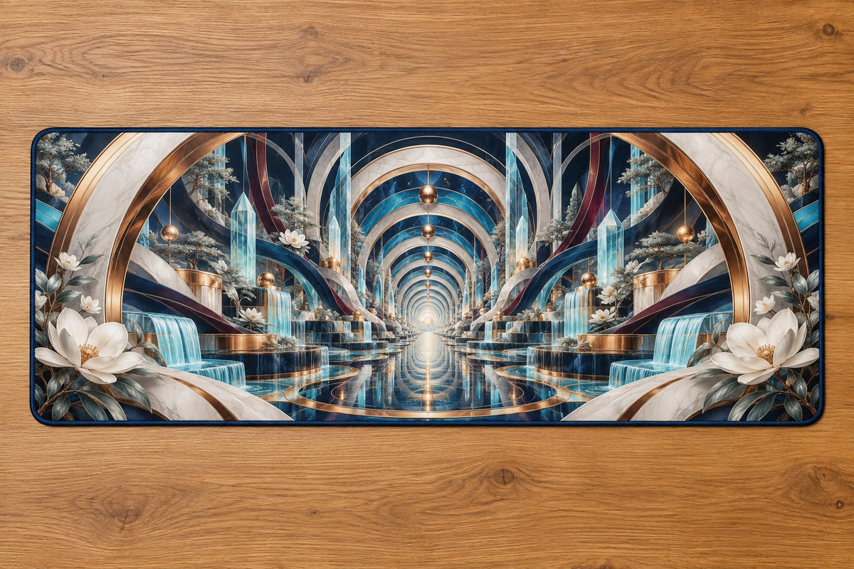 Luminous Circuit Sanctuary Desk Mat with dimensional printed themed artwork; representative AI-generated mockup.