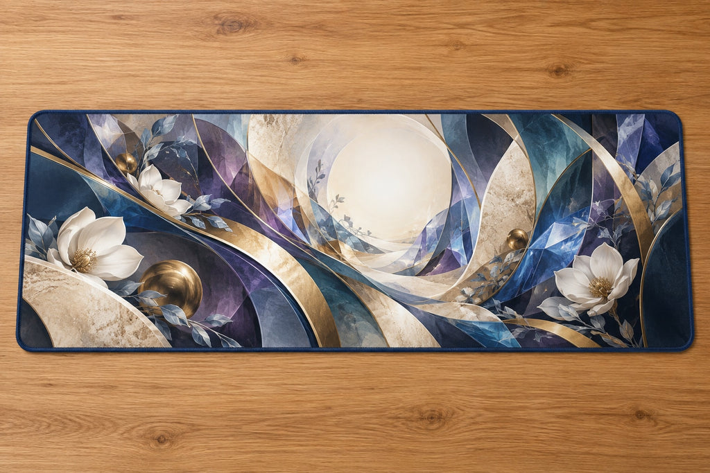 Spatial Prism Atelier Desk Mat with dimensional printed themed artwork; representative AI-generated mockup.