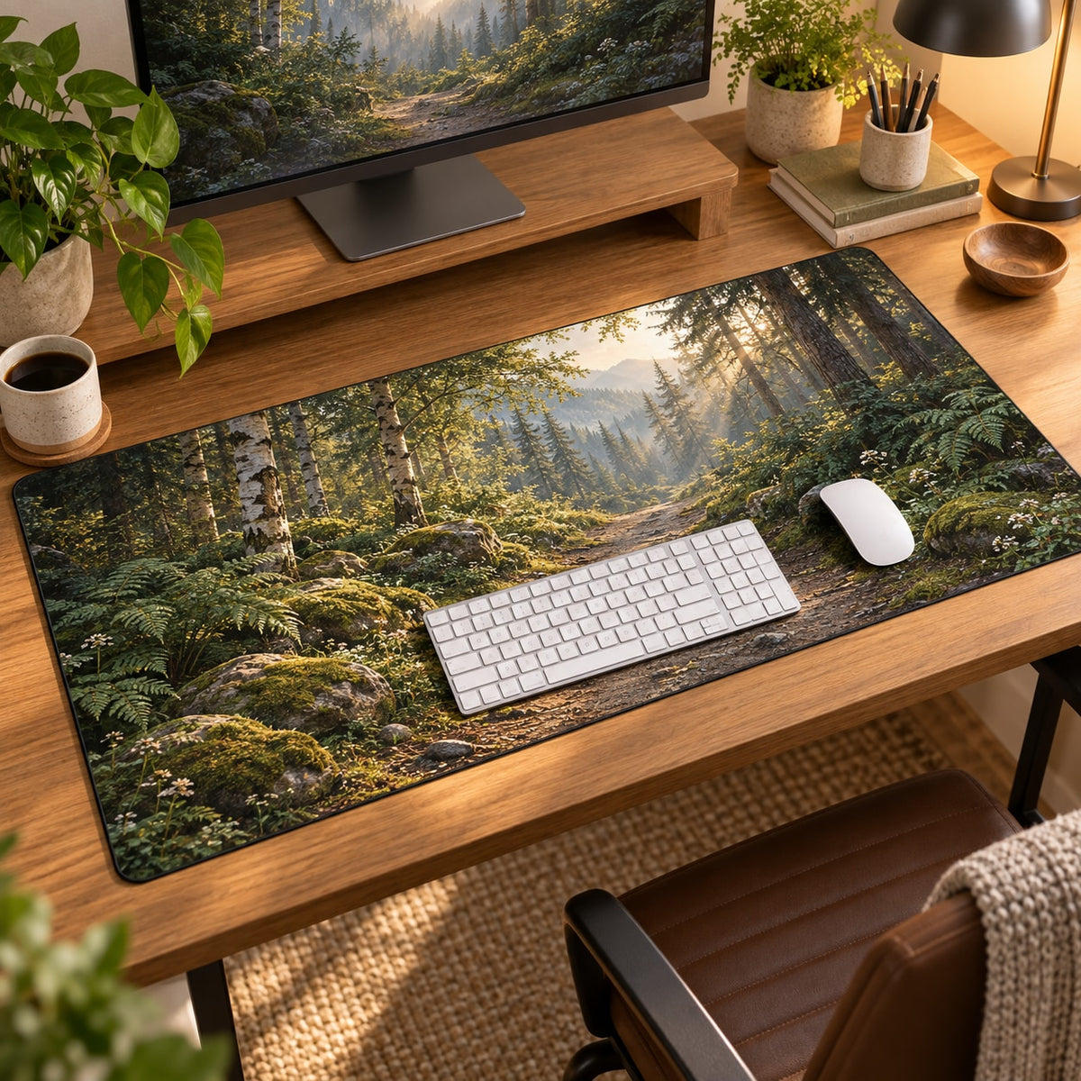 Forest Path Desk Mat with dimensional printed themed artwork; representative AI-generated mockup.