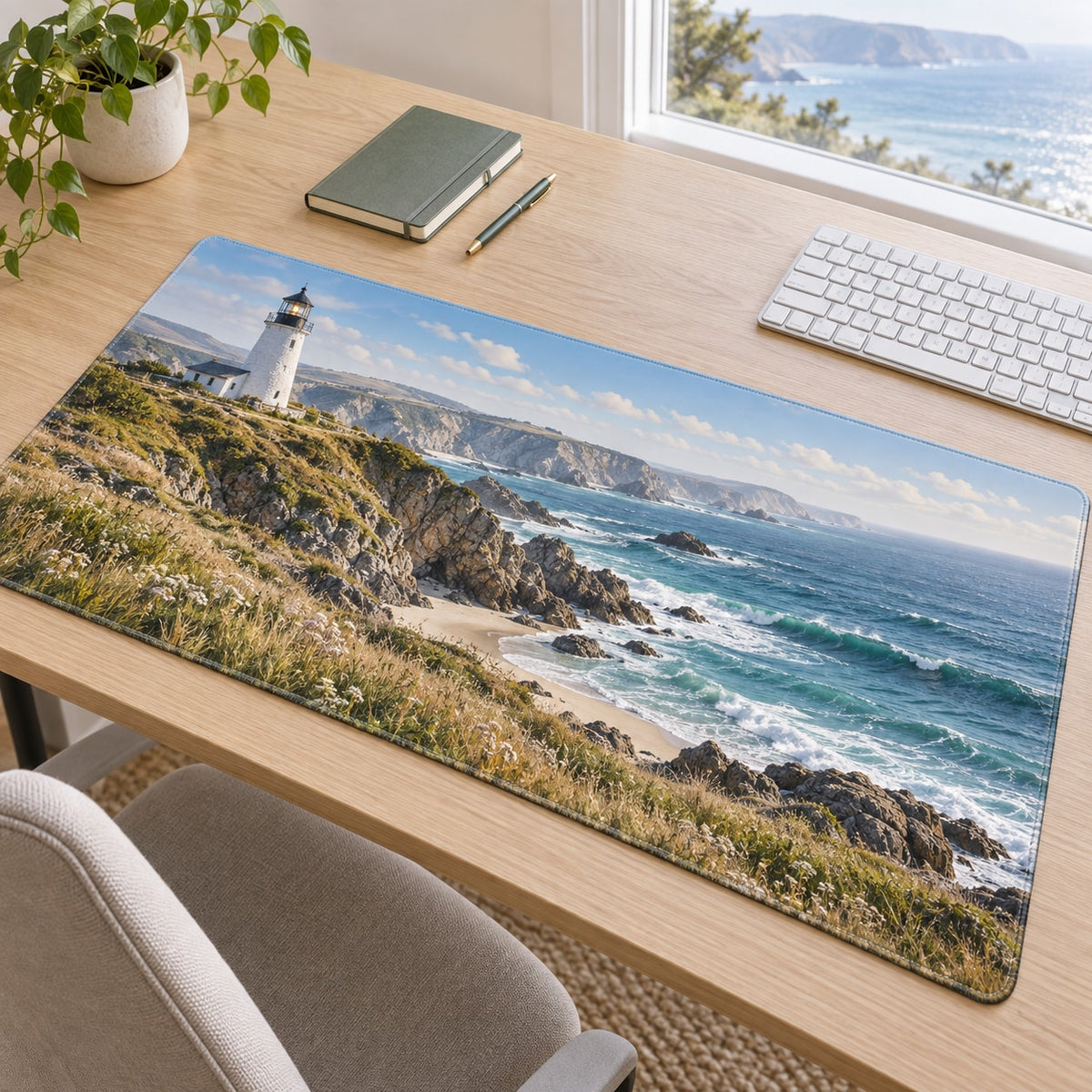 Lighthouse Coast Desk Mat with dimensional printed themed artwork; representative AI-generated mockup.