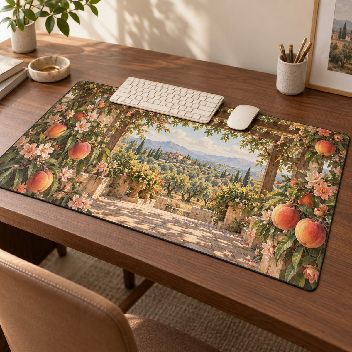 Peach Orchard Desk Mat with dimensional printed themed artwork; representative AI-generated mockup.