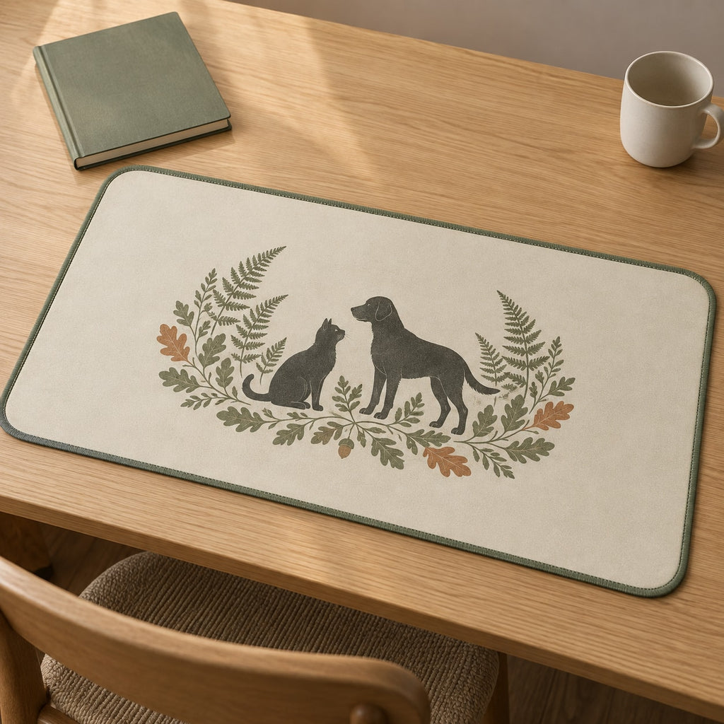 Woodland Pet Silhouette Desk Mat with dimensional printed themed artwork; representative AI-generated mockup.