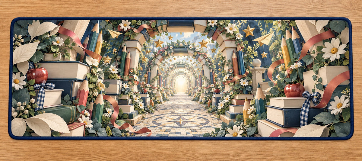 Elementary Learning Garden Desk Mat with dimensional printed themed artwork; representative AI-generated mockup.