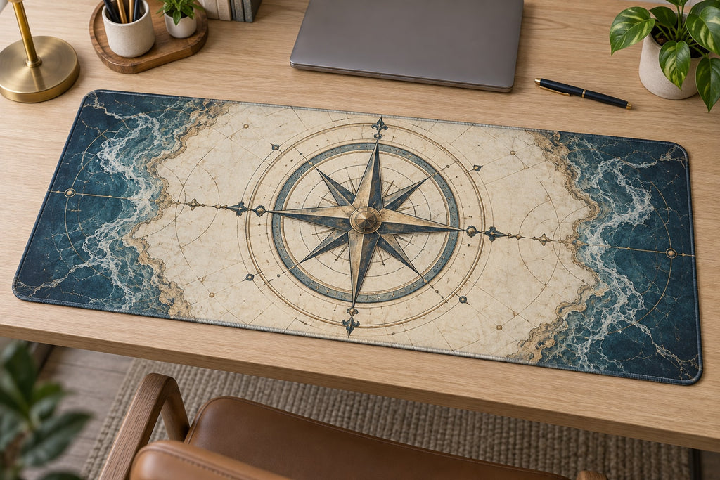 Nautical Compass Desk Mat with dimensional printed themed artwork; representative AI-generated mockup.