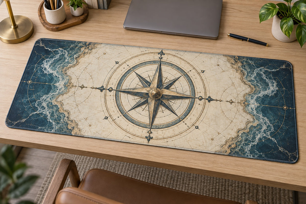 Nautical Compass Desk Mat with dimensional printed themed artwork; representative AI-generated mockup.