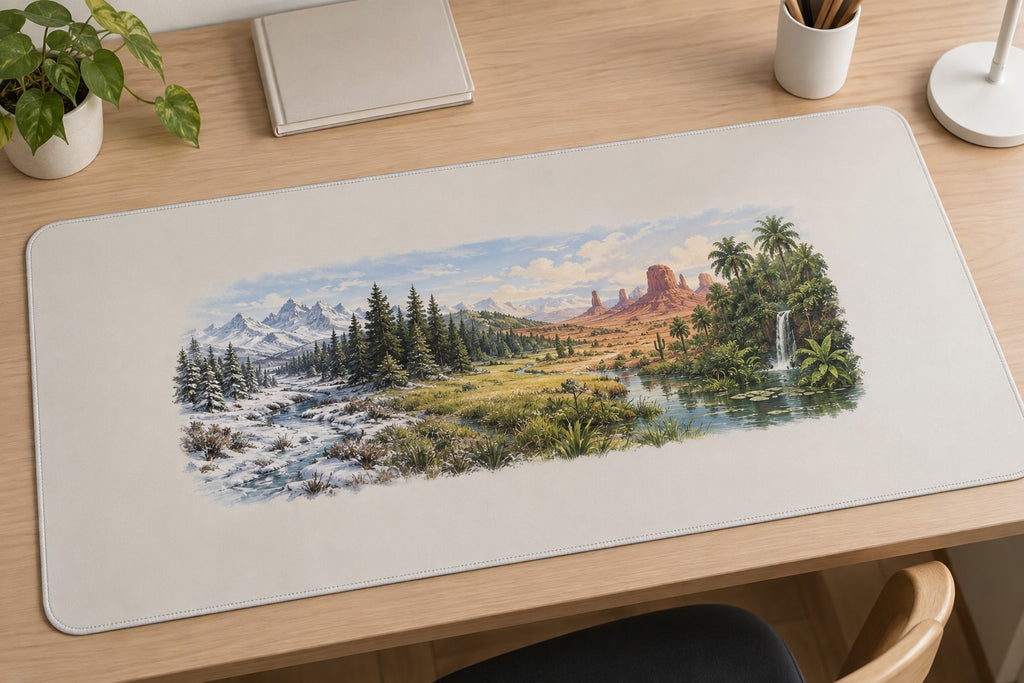 World Biomes Desk Mat with dimensional printed themed artwork; representative AI-generated mockup.