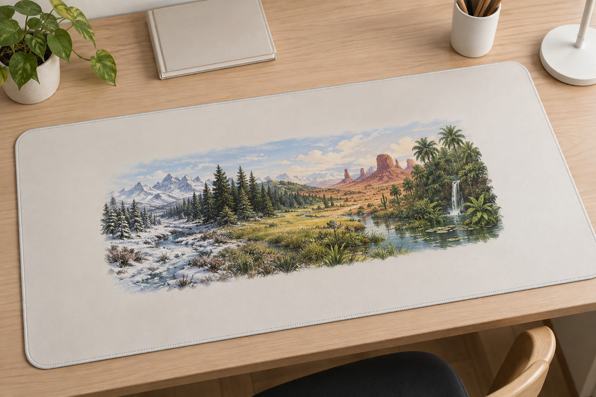 World Biomes Desk Mat with dimensional printed themed artwork; representative AI-generated mockup.