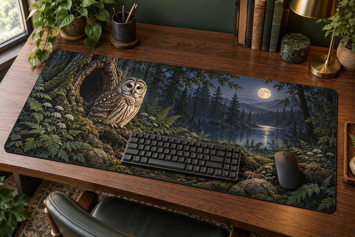 Owl Hollow Desk Mat with dimensional printed themed artwork; representative AI-generated mockup.