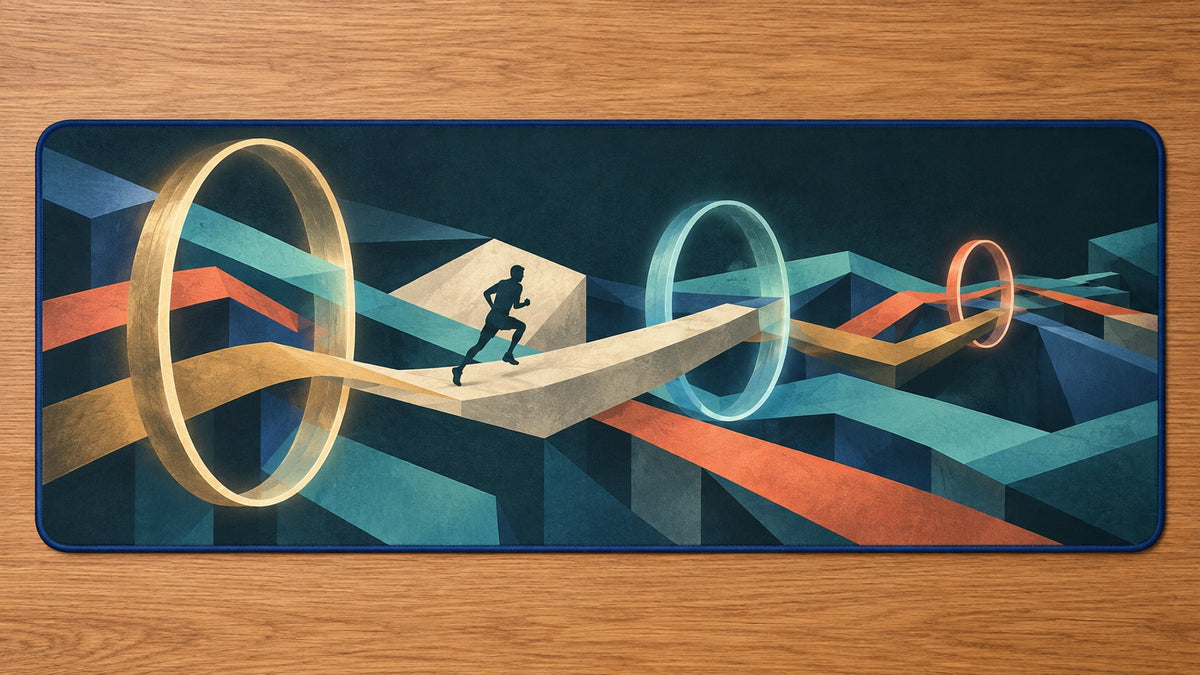 Ridgepulse Strata Passage Desk Mat with dimensional printed themed artwork; representative AI-generated mockup.