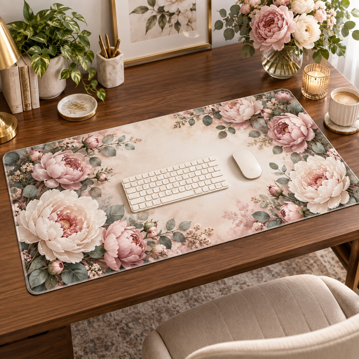 Peony Bouquet Desk Mat with dimensional printed themed artwork; representative AI-generated mockup.