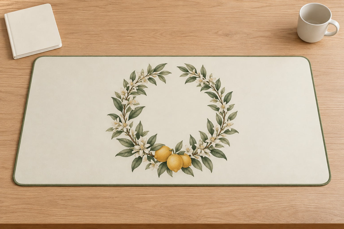 Citrus Garden Wedding Wreath Desk Mat with dimensional printed themed artwork; representative AI-generated mockup.