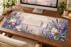 Iris Garden Desk Mat with dimensional printed themed artwork; representative AI-generated mockup.