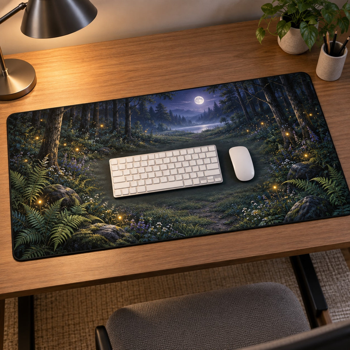Firefly Clearing Desk Mat with dimensional printed themed artwork; representative AI-generated mockup.