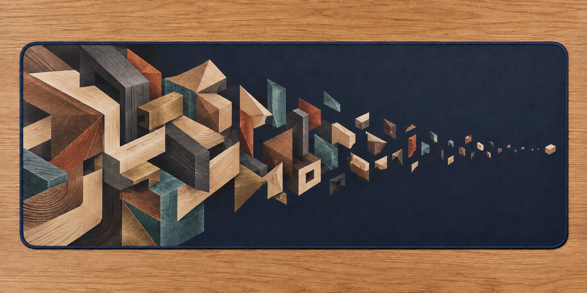 Joinery Strata Cascade Desk Mat with dimensional printed themed artwork; representative AI-generated mockup.