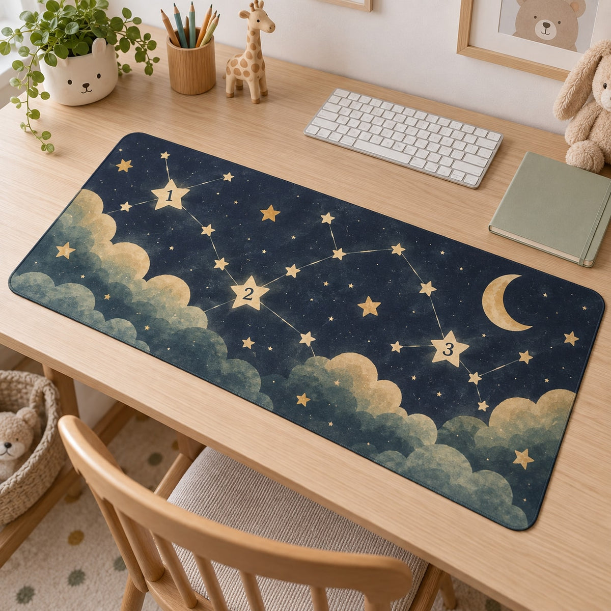Number Constellation Desk Mat with dimensional printed themed artwork; representative AI-generated mockup.