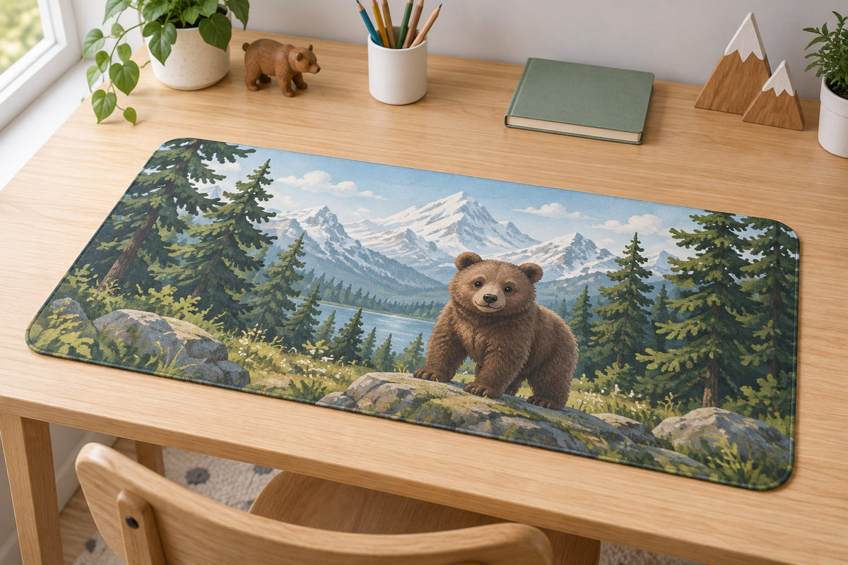 Mountain Bear Adventure Desk Mat with dimensional printed themed artwork; representative AI-generated mockup.