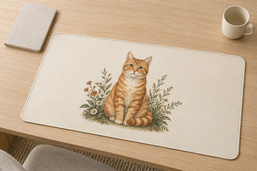 Orange Tabby Cat Companion Desk Mat with dimensional printed themed artwork; representative AI-generated mockup.