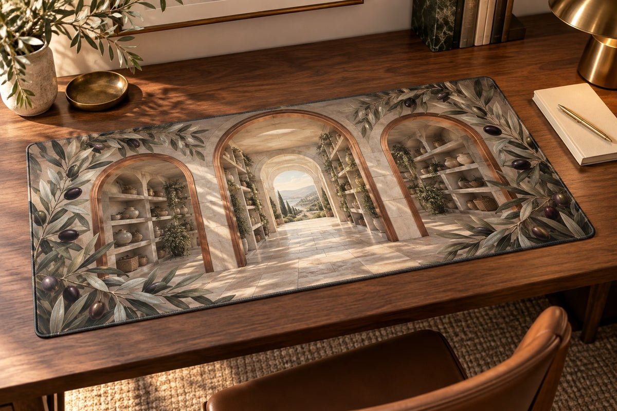 Olive Branch Pantry Desk Mat with dimensional printed themed artwork; representative AI-generated mockup.