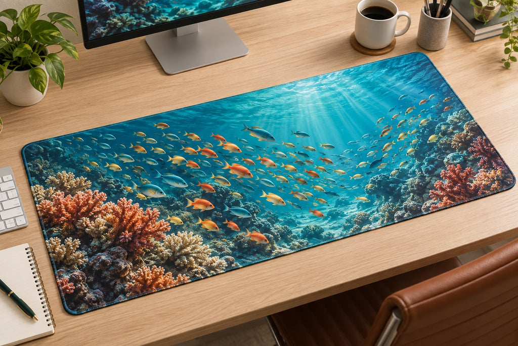 Reef Fish School Desk Mat with dimensional printed themed artwork; representative AI-generated mockup.