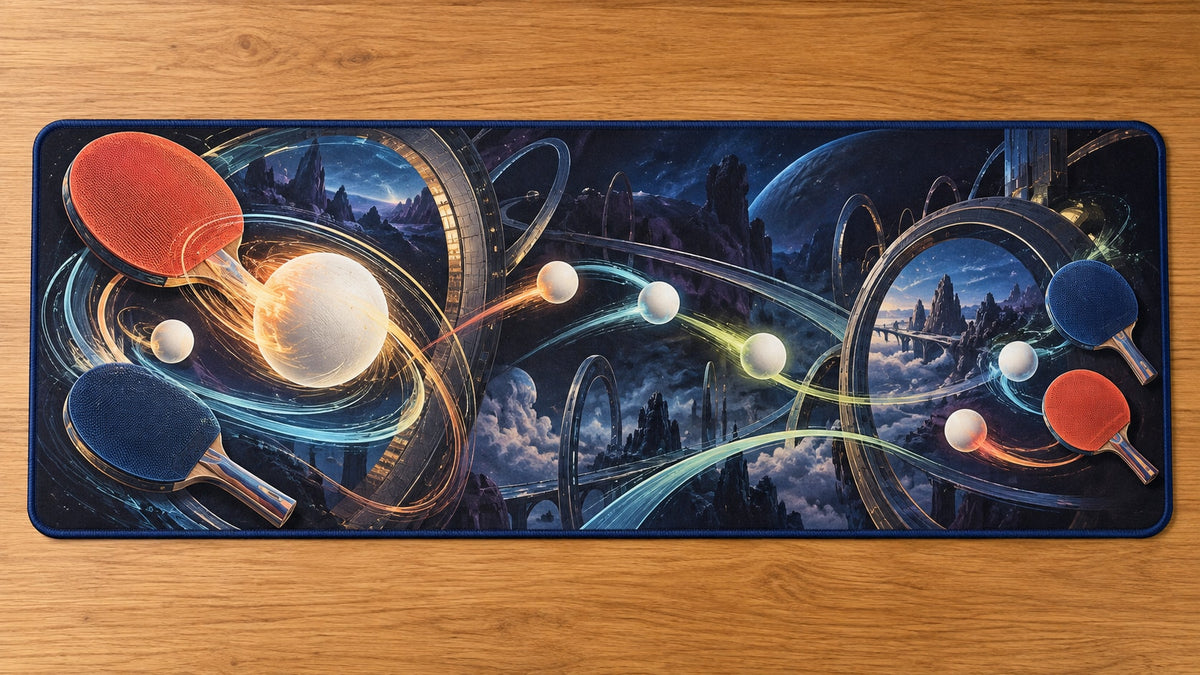 Spinvector Rally Observatory Desk Mat with dimensional printed themed artwork; representative AI-generated mockup.