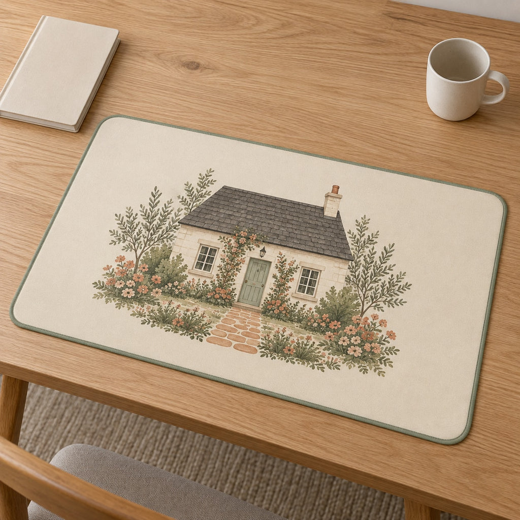 Cottage Garden House Portrait Desk Mat with dimensional printed themed artwork; representative AI-generated mockup.