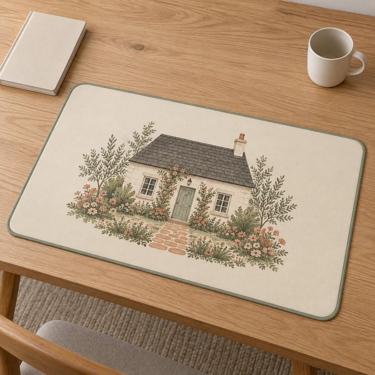 Cottage Garden House Portrait Desk Mat with dimensional printed themed artwork; representative AI-generated mockup.