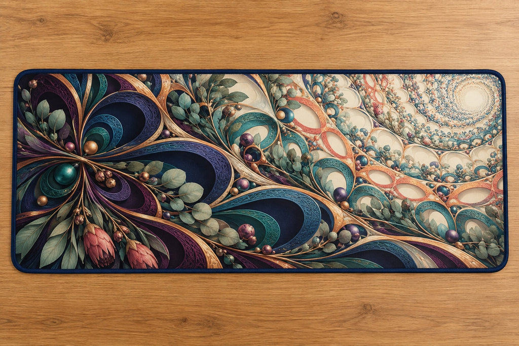 Loopflower Lattice Atrium Desk Mat with dimensional printed themed artwork; representative AI-generated mockup.