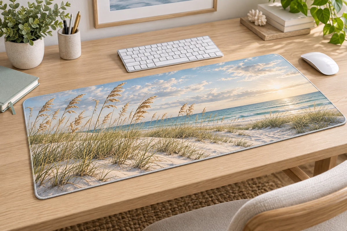 Coastal Dune Grass Desk Mat with dimensional printed themed artwork; representative AI-generated mockup.