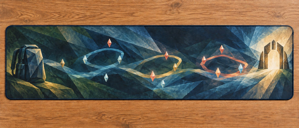 Wayglass Expedition Passage Desk Mat with dimensional printed themed artwork; representative AI-generated mockup.