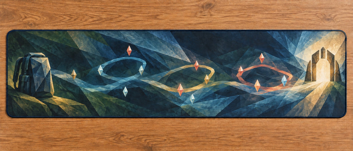 Wayglass Expedition Passage Desk Mat with dimensional printed themed artwork; representative AI-generated mockup.